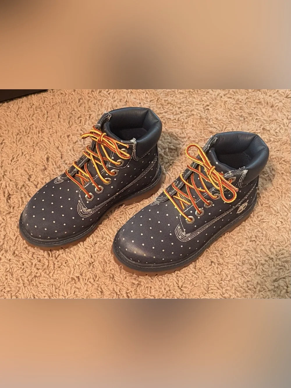 Timberland Kids Navy Polka Dot Boots with Orange Accent Laces
